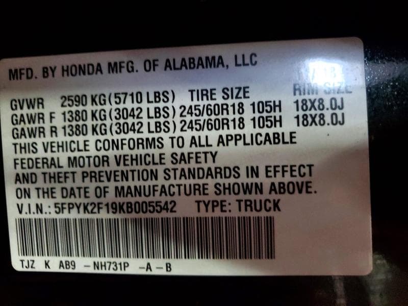 2019 HONDA RIDGELINE SPORT 12