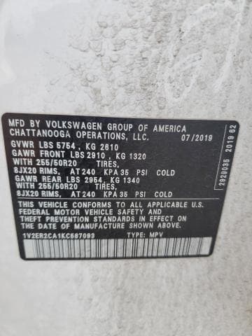 2019 VOLKSWAGEN ATLAS SEL 12