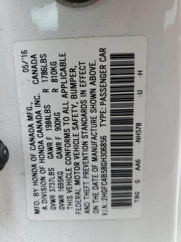 2016 HONDA CIVIC LX 14