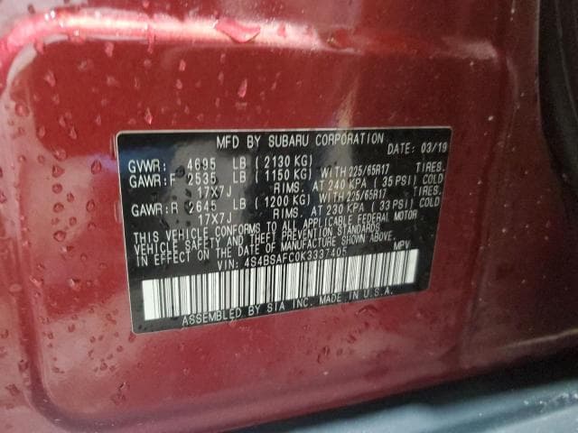 2019 SUBARU OUTBACK 2.5I PREMIUM 12