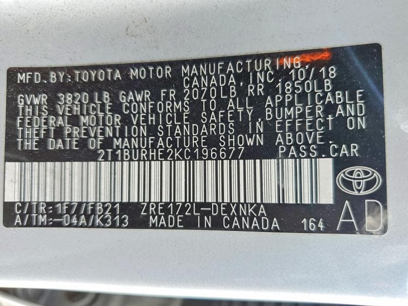 2019 TOYOTA COROLLA L 12