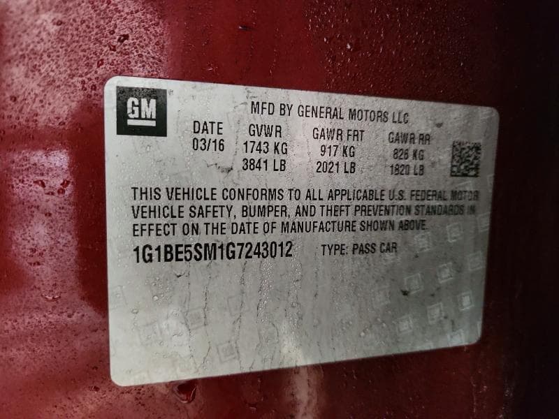 2016 CHEVROLET CRUZE LT LT 12