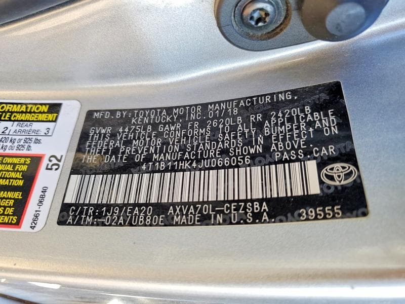 2018 TOYOTA CAMRY L 12