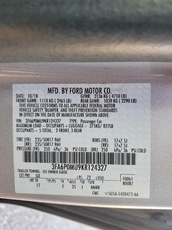 2019 FORD FUSION SEL SEL 12