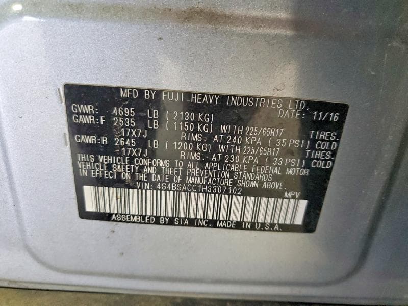 2017 SUBARU OUTBACK 2.5I PREMIUM 12