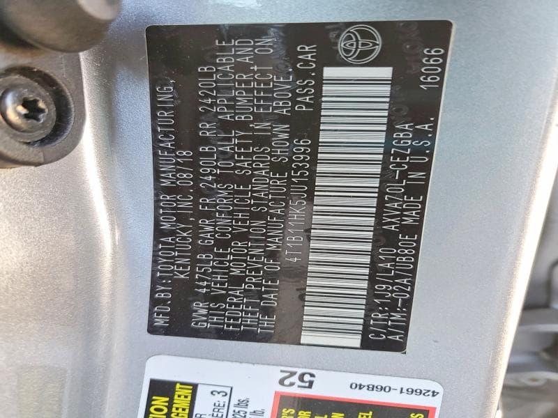 2018 TOYOTA CAMRY L L 12
