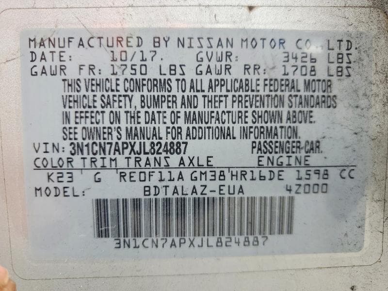 2018 NISSAN VERSA S PLUS S PLUS 12
