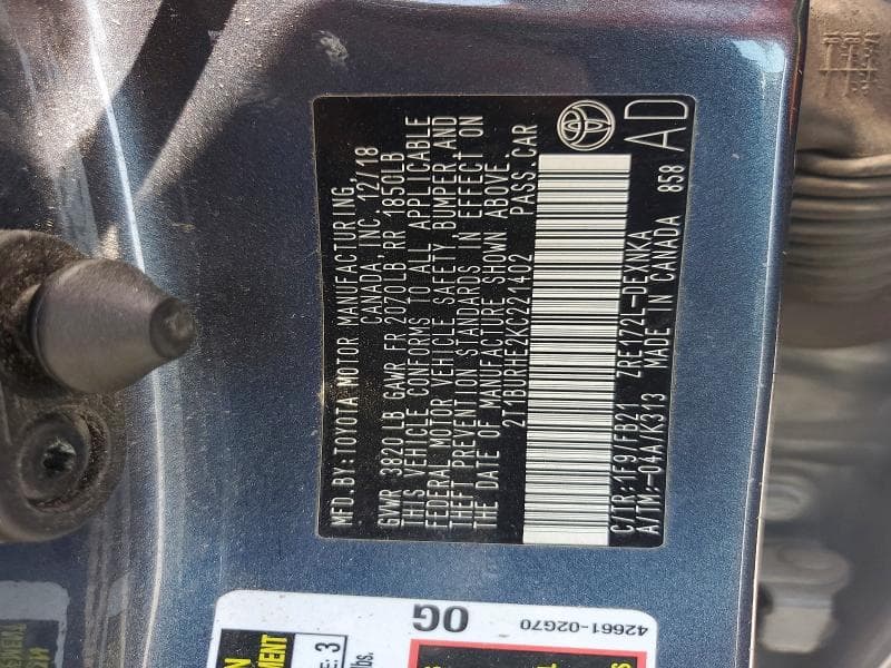 2019 TOYOTA COROLLA LE LE 12