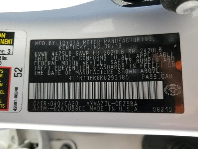 2019 TOYOTA CAMRY L 12