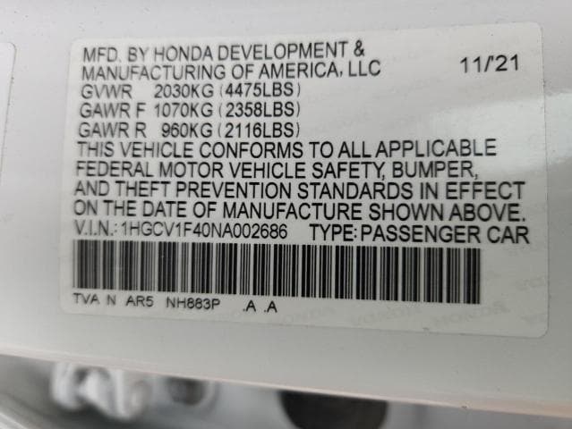 2022 HONDA ACCORD SPORT SE SPORT SE 12