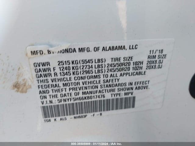 2019 HONDA PILOT TOURING 9