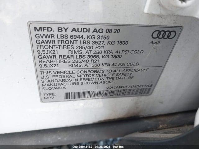 2021 AUDI SQ7 PREMIUM PLUS TFSI QUATTRO TIPTRONIC 9