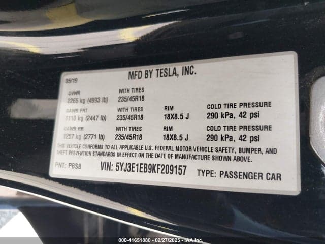 2019 TESLA MODEL 3 LONG RANGE/PERFORMANCE 9