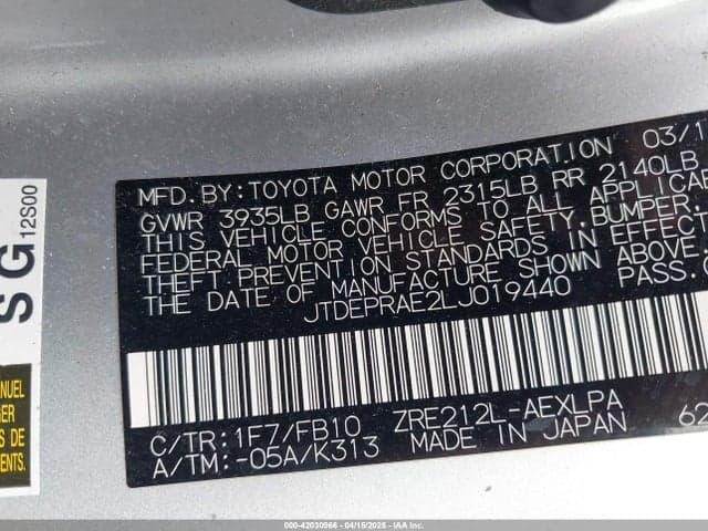 2020 TOYOTA COROLLA LE 9