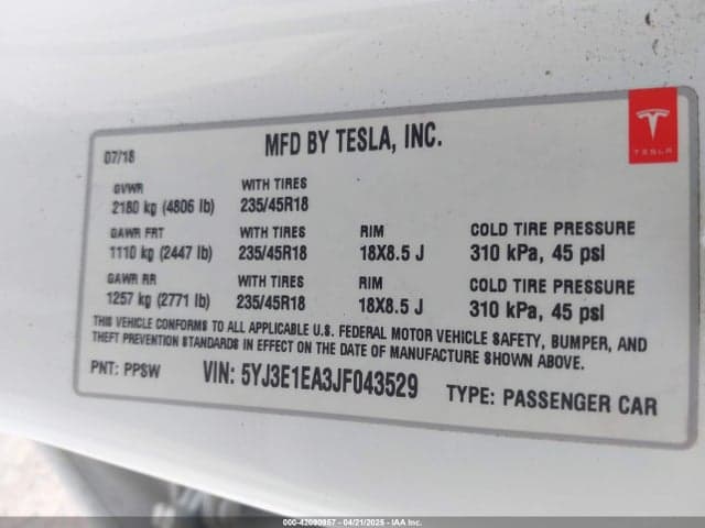 2018 TESLA MODEL 3 LONG RANGE/MID RANGE 9