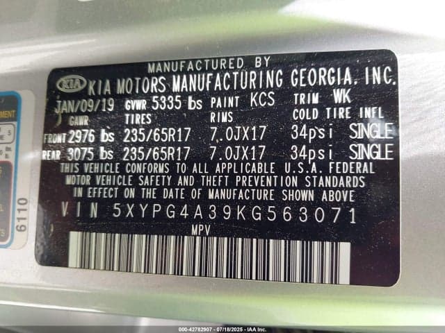 2019 KIA SORENTO 2.4L L 9