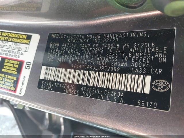 2020 TOYOTA CAMRY L 9