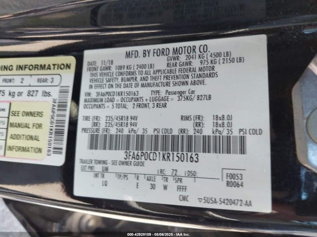 2019 FORD FUSION SEL 9