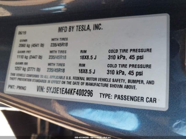 2019 TESLA MODEL 3 LONG RANGE/MID RANGE/STANDARD RANGE/STANDARD RANGE PLUS 9