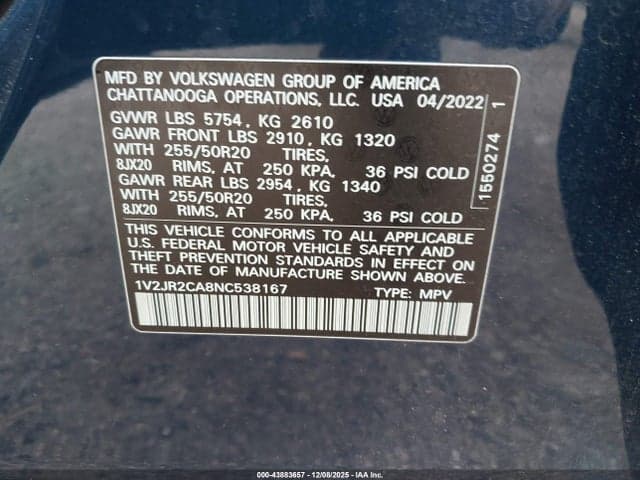 2022 VOLKSWAGEN ATLAS 3.6L V6 SE W/TECHNOLOGY 9