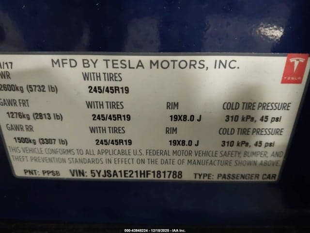 2017 TESLA MODEL S 100D/60D/75D/90D/P100D 9