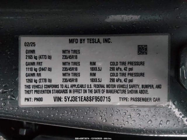 2025 TESLA MODEL 3 LONG RANGE REAR-WHEEL DRIVE/STANDARD REAR-WHEEL DRIVE 9
