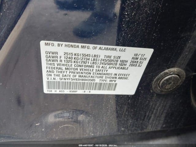 2017 HONDA PILOT TOURING 9