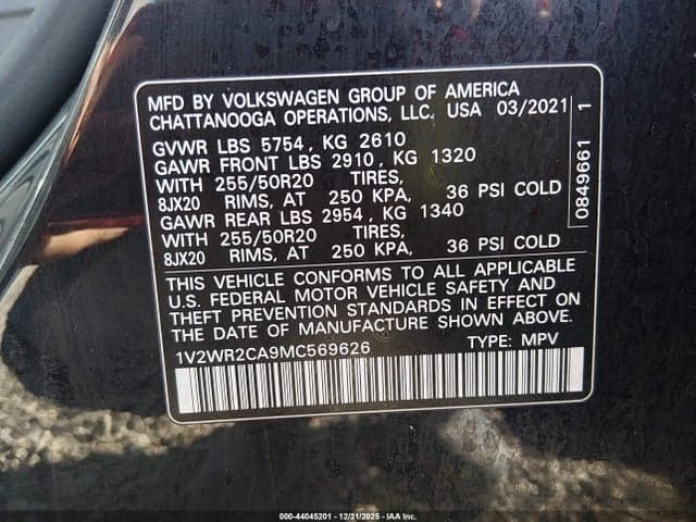 2021 VOLKSWAGEN ATLAS 3.6L V6 SE W/TECHNOLOGY 9