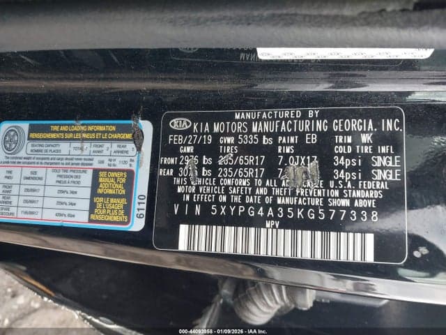 2019 KIA SORENTO 2.4L L 9