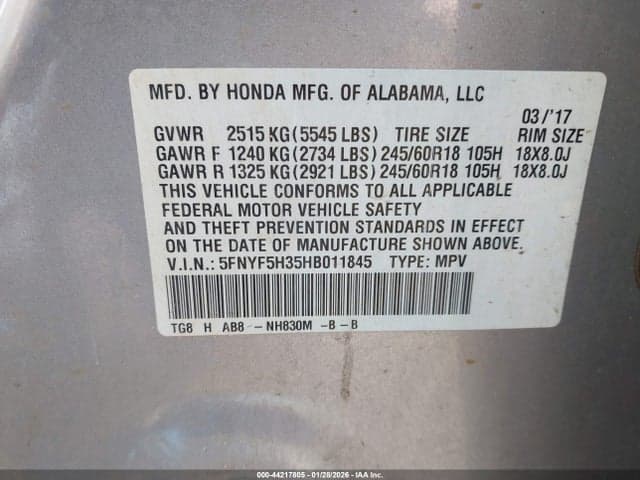 2017 HONDA PILOT EX 9