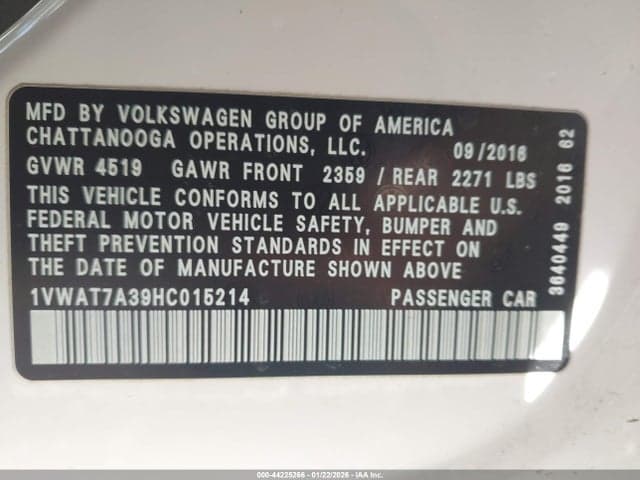 2017 VOLKSWAGEN PASSAT 1.8T S 9