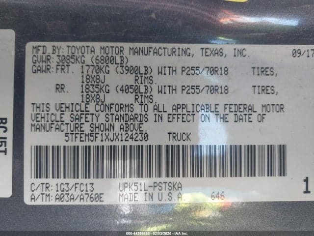 2018 TOYOTA TUNDRA SR5 4.6L V8 9