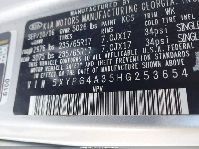 2017 KIA SORENTO 2.4L L 9