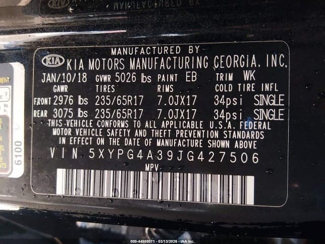2018 KIA SORENTO 2.4L L 9