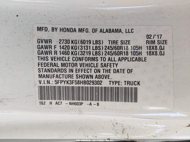 2017 HONDA RIDGELINE RTL 9