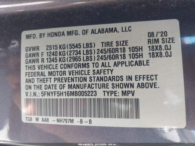 2021 HONDA PILOT 2WD LX 9