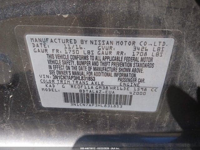 2017 NISSAN VERSA 1.6 S+ 9