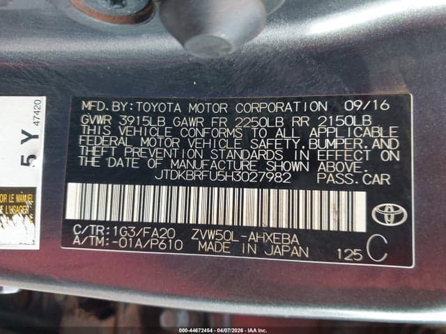 2017 TOYOTA PRIUS FOUR/FOUR TOURING/ONE/THREE/THREE TOURING/TWO/TWO ECO 9