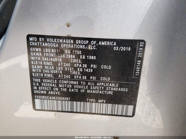 2019 VOLKSWAGEN ATLAS 3.6L V6 SE W/TECHNOLOGY 9