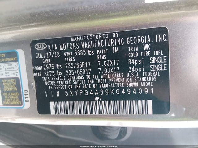 2019 KIA SORENTO 2.4L L 9