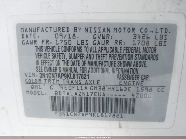 2019 NISSAN VERSA 1.6 S+ 9