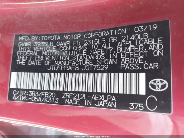 2020 TOYOTA COROLLA LE 9