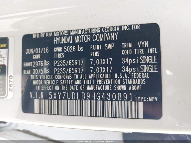 2017 HYUNDAI SANTA FE SPORT 2.4L 9