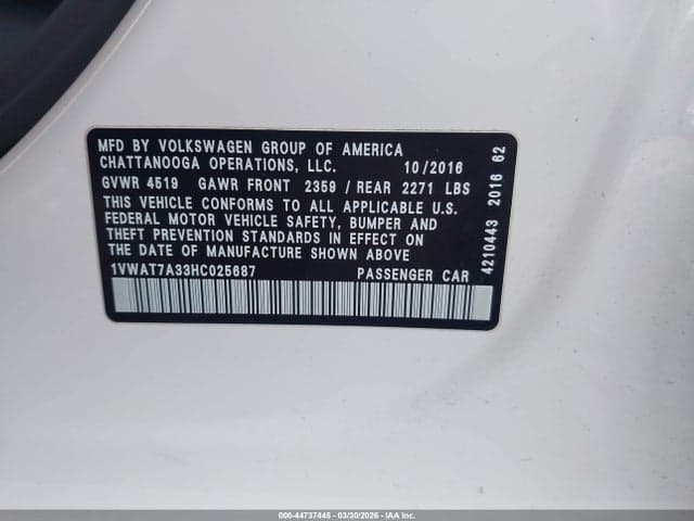 2017 VOLKSWAGEN PASSAT 1.8T S 9