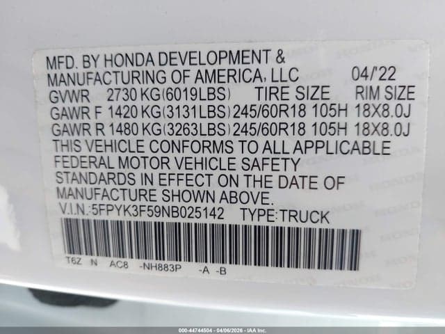 2022 HONDA RIDGELINE RTL 9
