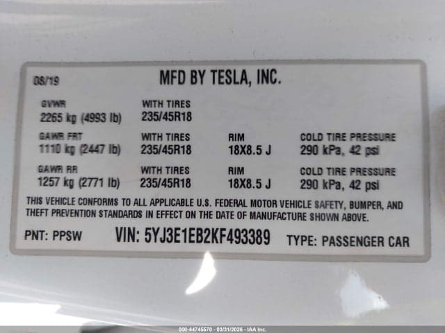 2019 TESLA MODEL 3 LONG RANGE/PERFORMANCE 9