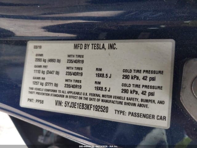 2019 TESLA MODEL 3 LONG RANGE/PERFORMANCE 9