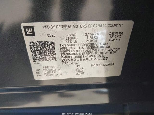 2020 CHEVROLET EQUINOX AWD LT 1.5L TURBO 9
