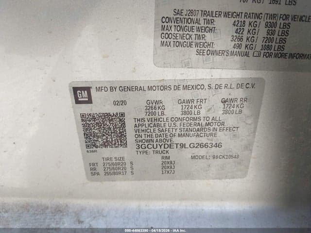 2020 CHEVROLET SILVERADO 1500 4WD SHORT BED LT 9