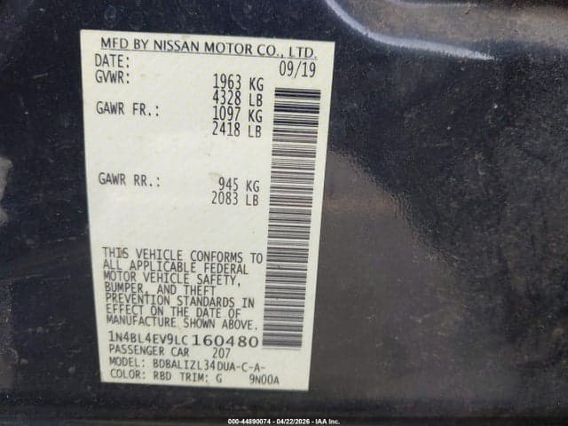 2020 NISSAN ALTIMA SL FWD 9